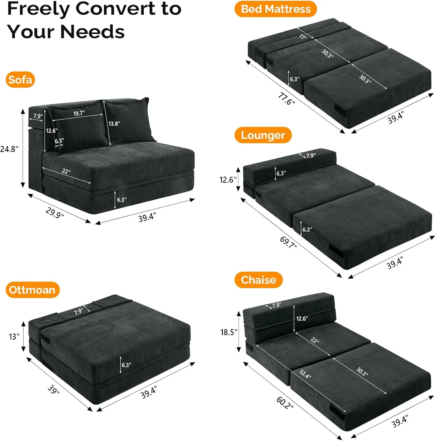 VINGLI Futon Sofa Bed, 5-in-1 Convertible Sleeper Sofa Chair RV Furniture Pull Out Floor Bed Couch for Small Spaces, Living Room, Bedroom with 2 Throw Pillows, Carry Bag
