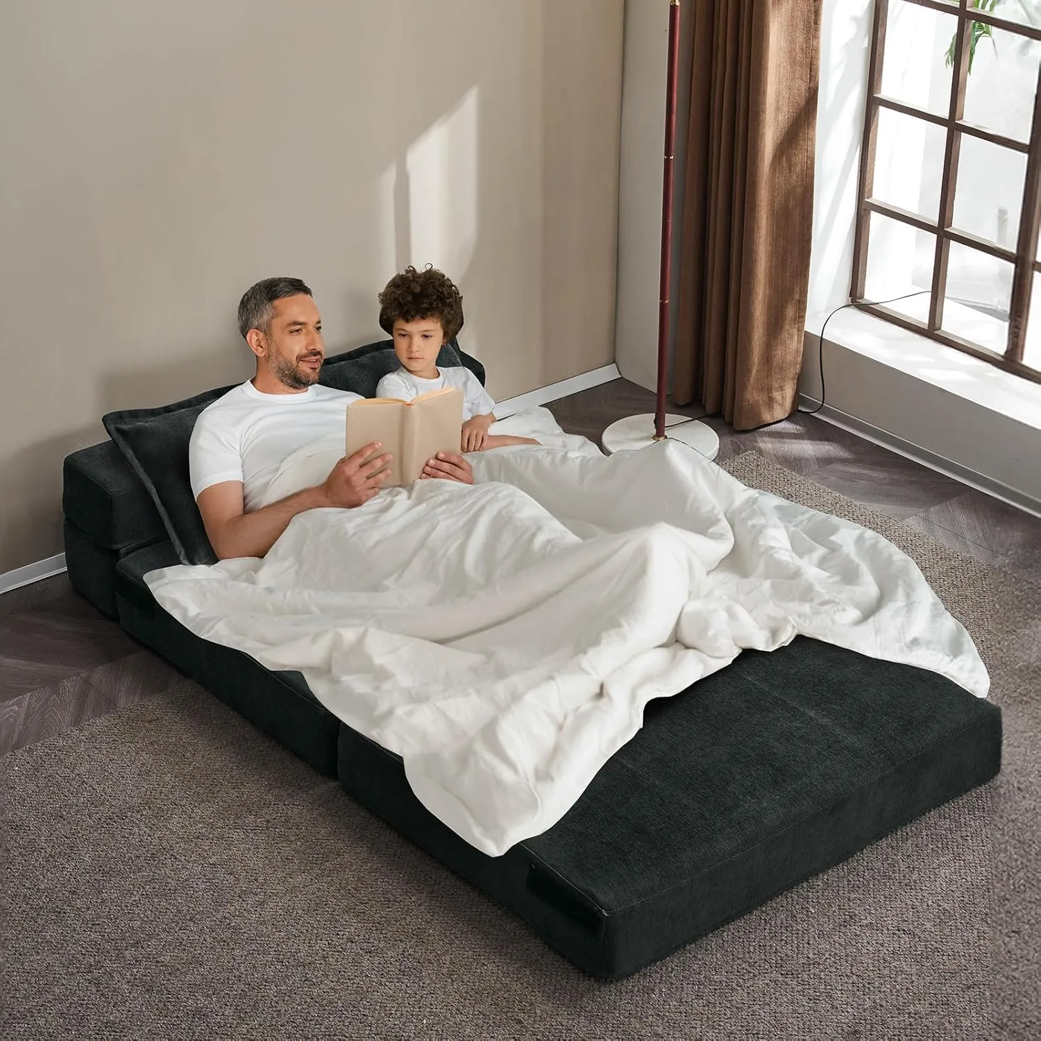 VINGLI Futon Sofa Bed, 5-in-1 Convertible Sleeper Sofa Chair RV Furniture Pull Out Floor Bed Couch for Small Spaces, Living Room, Bedroom with 2 Throw Pillows, Carry Bag