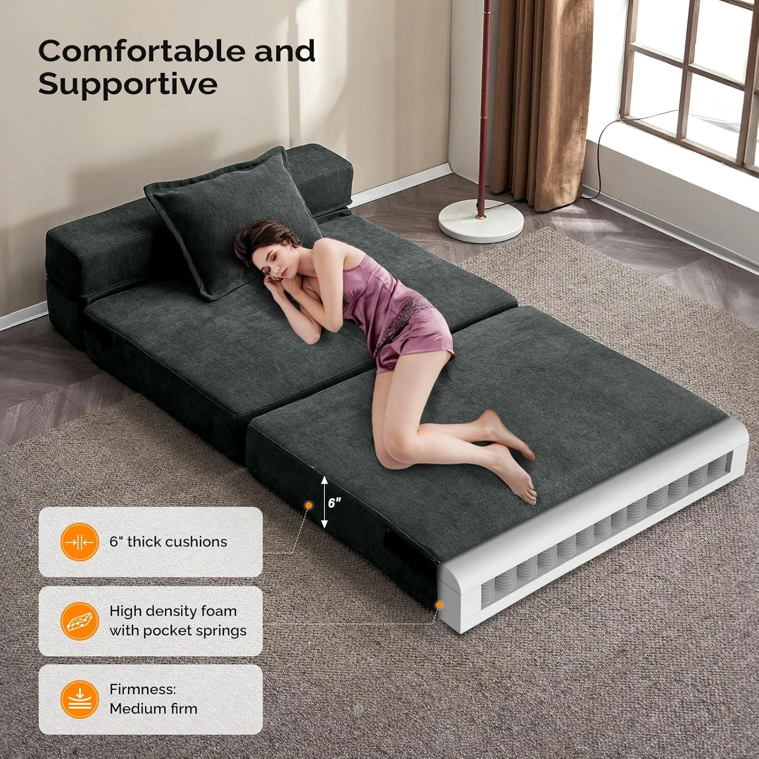 VINGLI Futon Sofa Bed, 5-in-1 Convertible Sleeper Sofa Chair RV Furniture Pull Out Floor Bed Couch for Small Spaces, Living Room, Bedroom with 2 Throw Pillows, Carry Bag