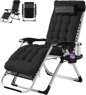 VINGLI Padded Zero Gravity Chair, Lounge Chair with Removable Cushion & Tray， Folding Reclining Patio Chairs， Recliner Chair for Lawn，Indoor Outdoor-Black
