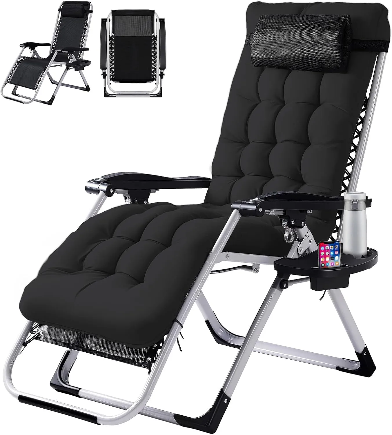 VINGLI Padded Zero Gravity Chair, Lounge Chair with Removable Cushion & Tray， Folding Reclining Patio Chairs， Recliner Chair for Lawn，Indoor Outdoor-Black