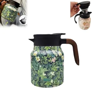 Vintage Floral Pattern Tea Thermos, 316 Stainless Steel, Vintage Floral Pattern Tea-Built-In Infuser, Stainless Steel Thermal Carafe with Lid for Hot Drinks(Wooden Handle, Green-1000ml)