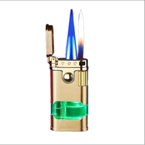 Vintage Grinding Wheel Triple Flame Lighters, Transparent Glowing Air Window, Dual Straight Flame Bright Flame Switchable, Retro Metal Refillable Convenient Lighter, Gift for Men (Fuel Not Included)(G