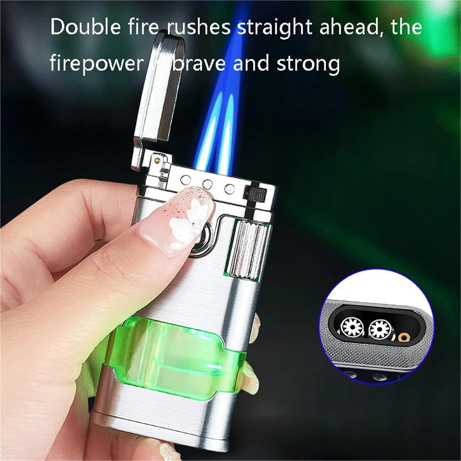 Vintage Grinding Wheel Triple Flame Lighters, Transparent Glowing Air Window, Dual Straight Flame Bright Flame Switchable, Retro Metal Refillable Convenient Lighter, Gift for Men (Fuel Not Included)(G
