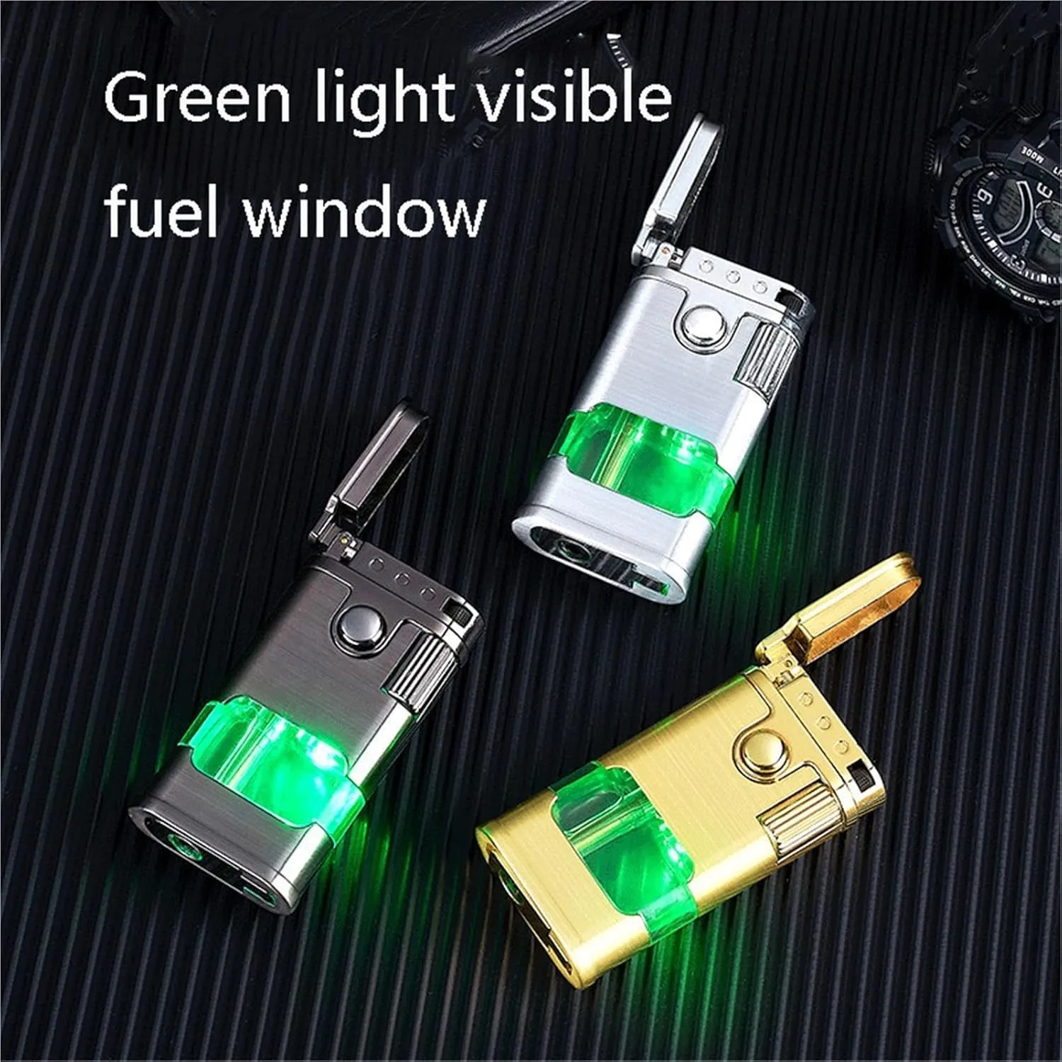 Vintage Grinding Wheel Triple Flame Lighters, Transparent Glowing Air Window, Dual Straight Flame Bright Flame Switchable, Retro Metal Refillable Convenient Lighter, Gift for Men (Fuel Not Included)(G