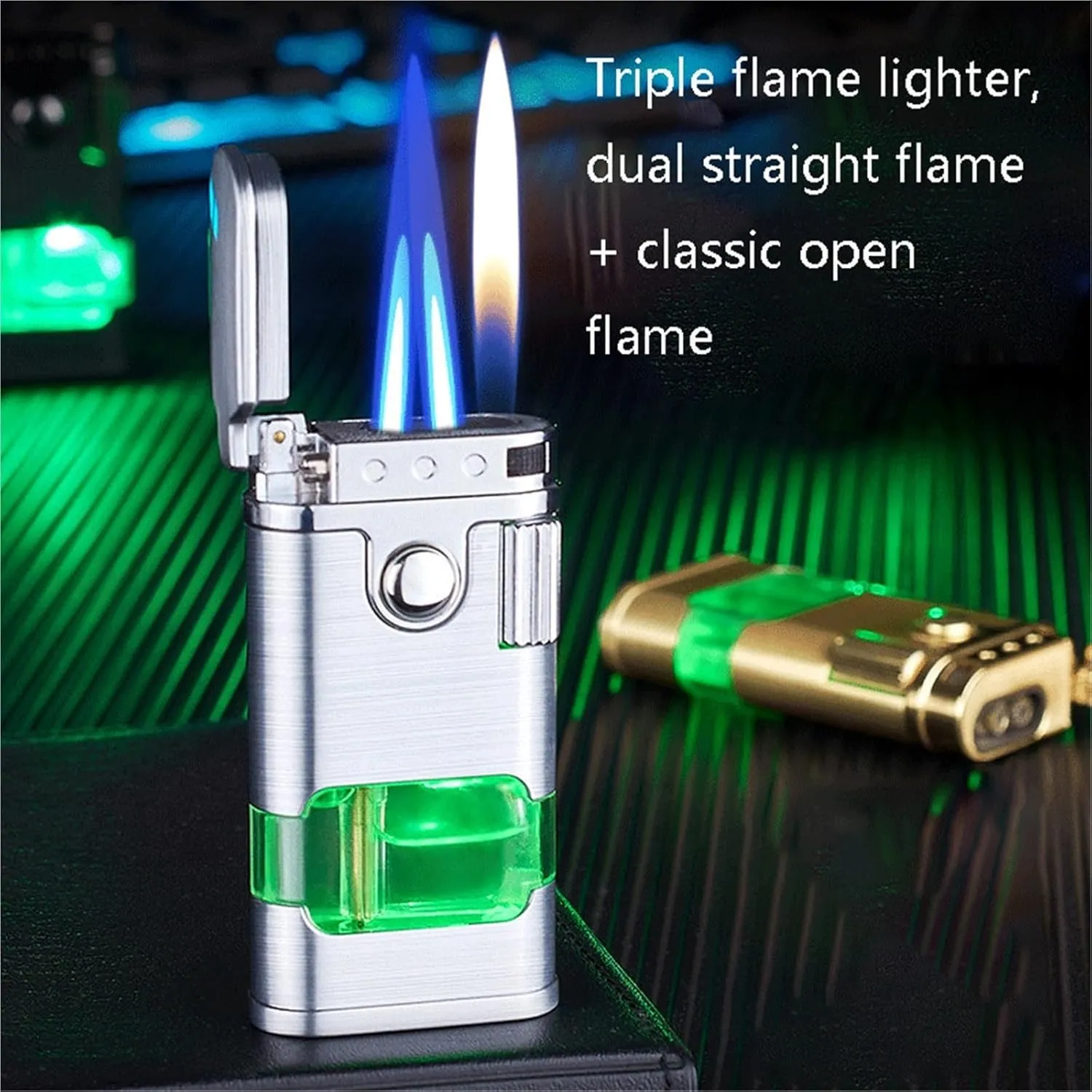 Vintage Grinding Wheel Triple Flame Lighters, Transparent Glowing Air Window, Dual Straight Flame Bright Flame Switchable, Retro Metal Refillable Convenient Lighter, Gift for Men (Fuel Not Included)(G