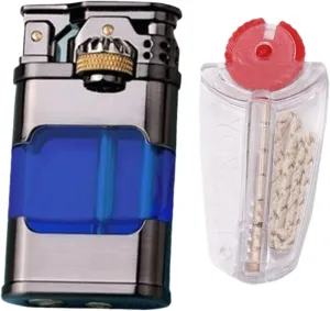 Vintage Kerosene Lighter ，Reusable Windproof Soft Flame Lighter ，Cigarette Lighter with Transparent of Visible Tank with Flints and Wick (Color : Black Blue)