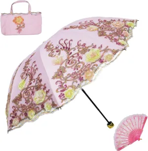Vintage Lace Umbrella, UPF50  Sun Umbrella, 3D Flower Chinese Embroidery Compact Folding Umbrella for Walking, Wedding, Tea Party,Photo Shooting