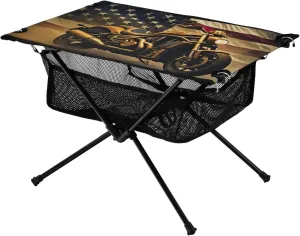 Vintage Motorcycle Flag Portable Folding Camping Table, Compact Lightweight Beach Table with Carrying Bag for Outdoor Picnics, BBQs, Camp