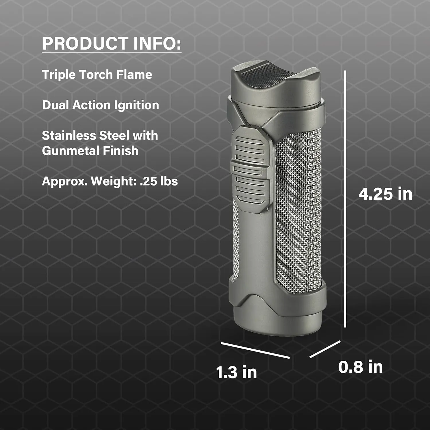 Visol Marlin Butane Triple Flame Windproof Lighter, Refillable, Built-in Punch & Holder, Stainless Steel, Gunmetal