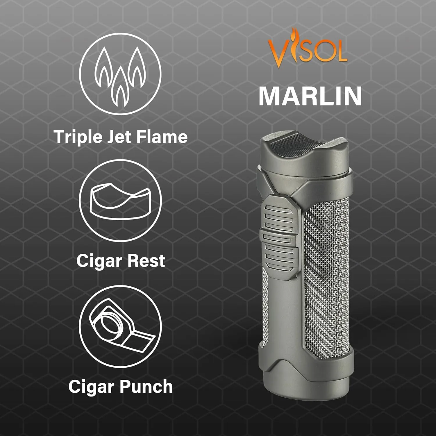 Visol Marlin Butane Triple Flame Windproof Lighter, Refillable, Built-in Punch & Holder, Stainless Steel, Gunmetal