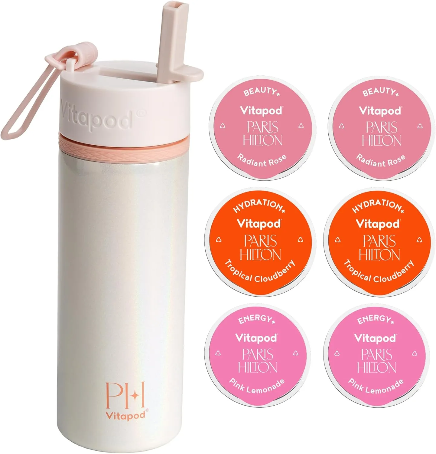 Vitapod Paris Hilton x Daily Wellness System - 22oz Pearlescent Water Bottle in Champagne Kiss & 6 Drink Mix Pod Sampler, Includes BEAUTY , HYDRATION , and ENERGY  Functional Drink Mix Pods