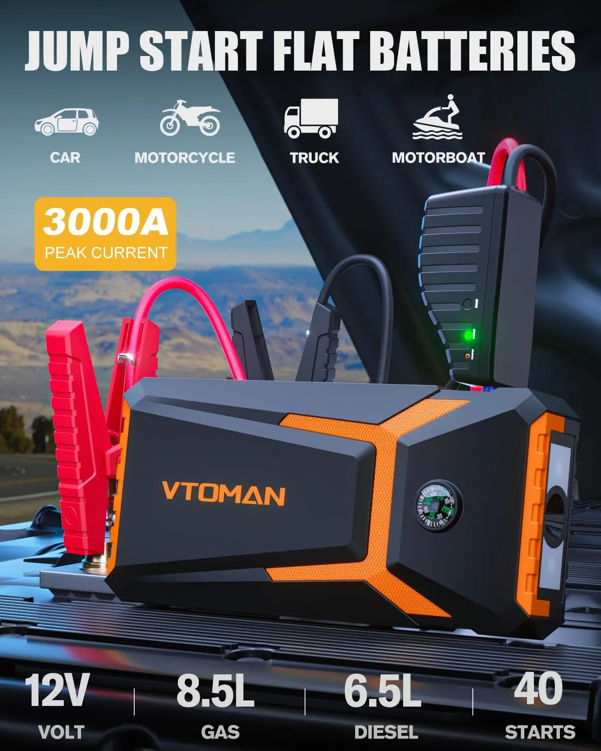 VTOMAN V8 Pro 3000A Jump Starter, Car Battery Charger Jump Starters for Up 8.5L Gas and 6.5L Diesel Engines, 12V Auto Lithium Battery Booster Pack, Portable Jump Box with Jumper Cable LCD Display