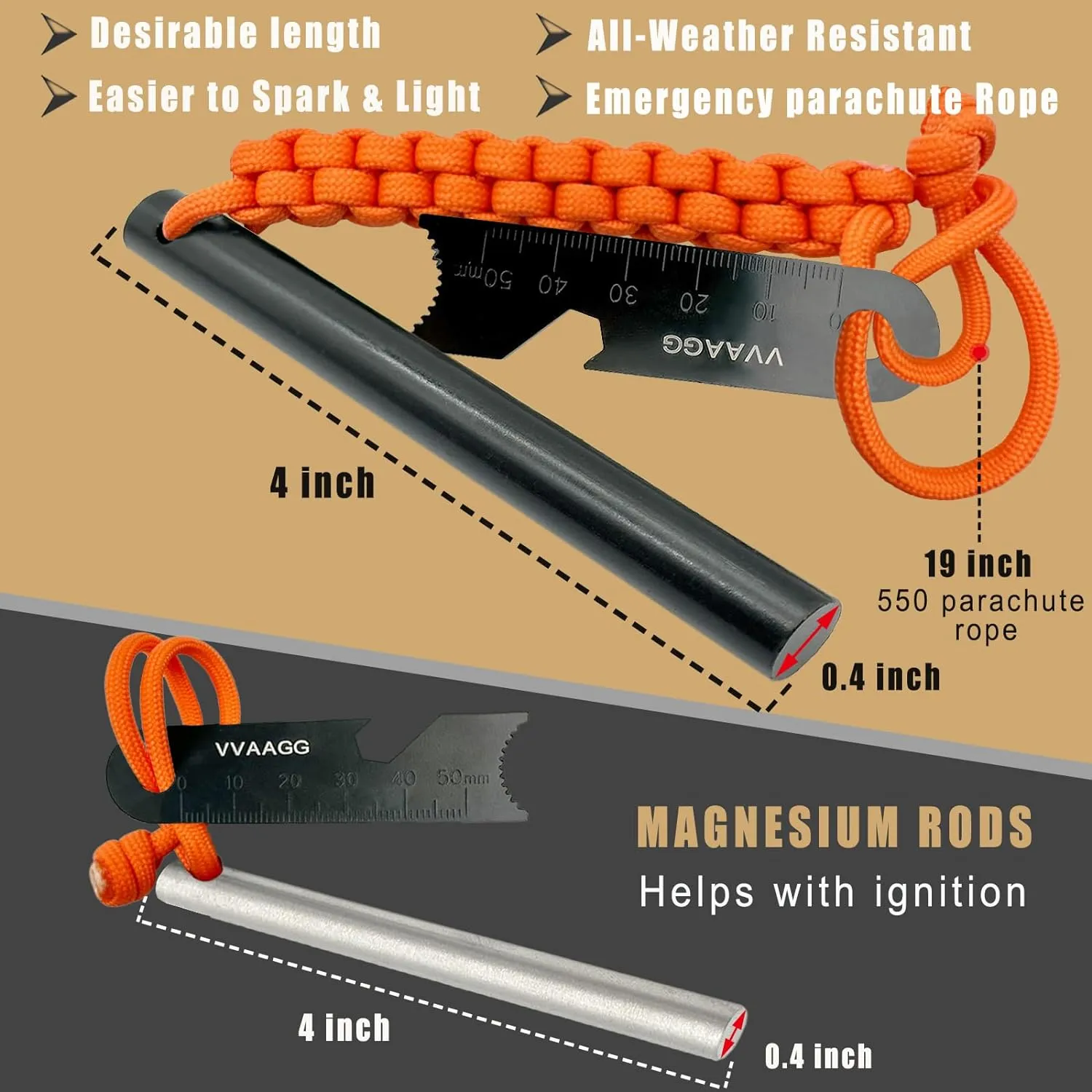 VVAAGG Flint and Steel Fire Starter Kit Survivor, 3/8" 1/2 inch Ferro Rods and Magnesium Rods with Paracord Handle