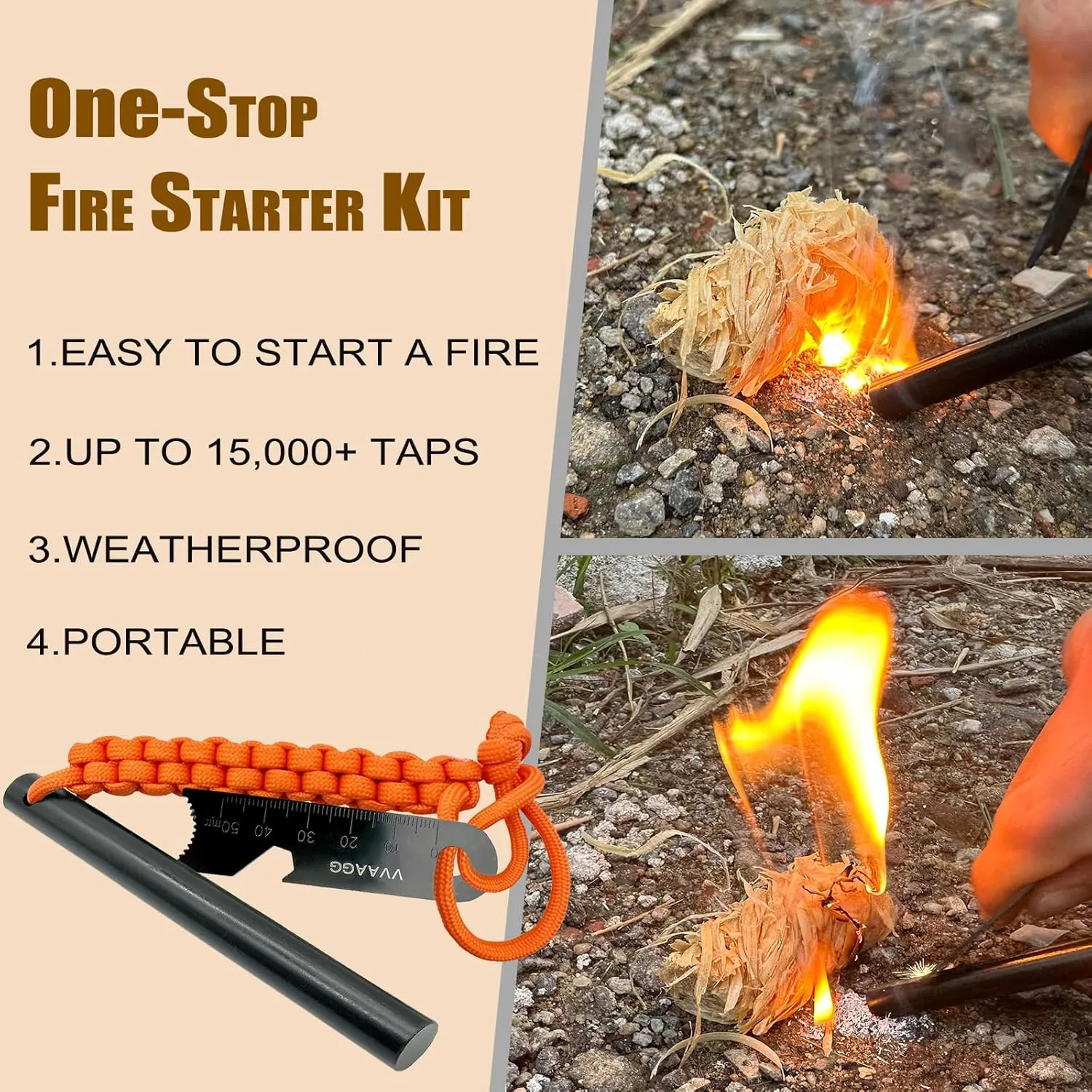 VVAAGG Flint and Steel Fire Starter Kit Survivor, 3/8" 1/2 inch Ferro Rods and Magnesium Rods with Paracord Handle