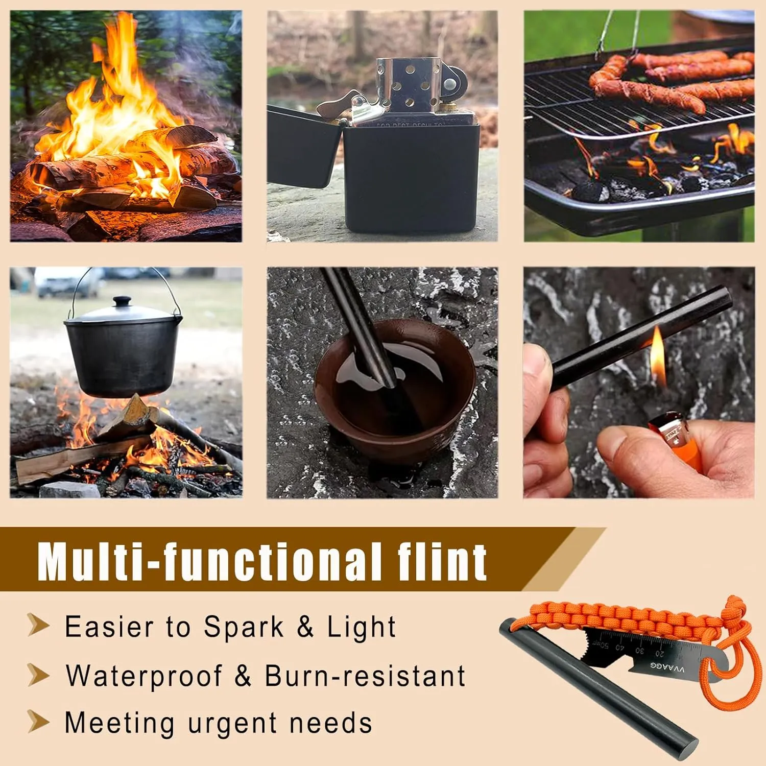 VVAAGG Flint and Steel Fire Starter Kit Survivor, 3/8" 1/2 inch Ferro Rods and Magnesium Rods with Paracord Handle