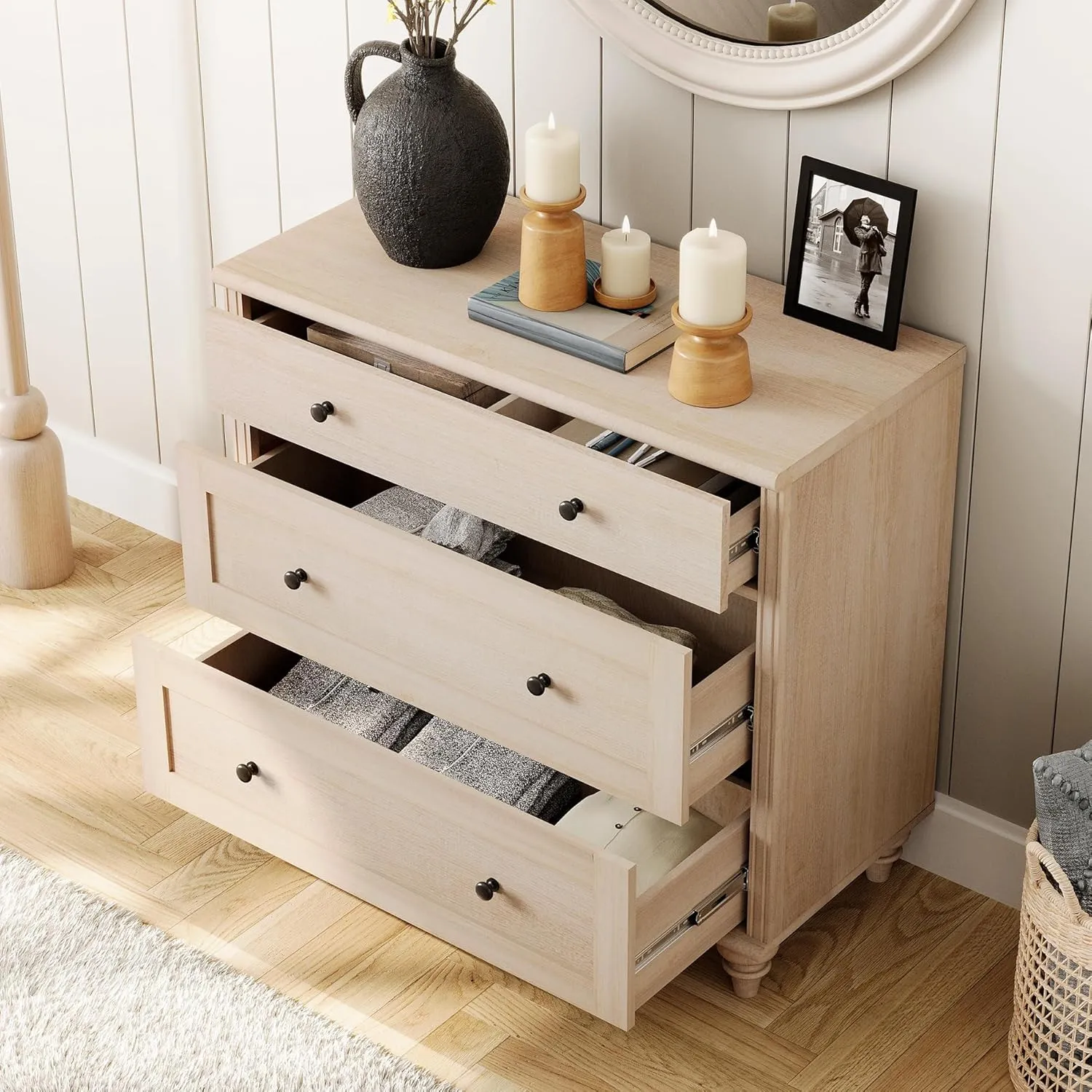 WAMPAT Dresser for Bedroom with 3 Drawers, Kids Dressers with Wide Chest of Drawers, Mid Century Modern Wooden Closet Storage Organizer, Small Dressers for Nursery, Hallway, Living Room, Light Oak