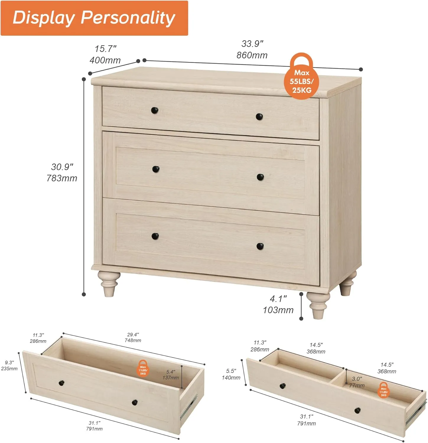 WAMPAT Dresser for Bedroom with 3 Drawers, Kids Dressers with Wide Chest of Drawers, Mid Century Modern Wooden Closet Storage Organizer, Small Dressers for Nursery, Hallway, Living Room, Light Oak