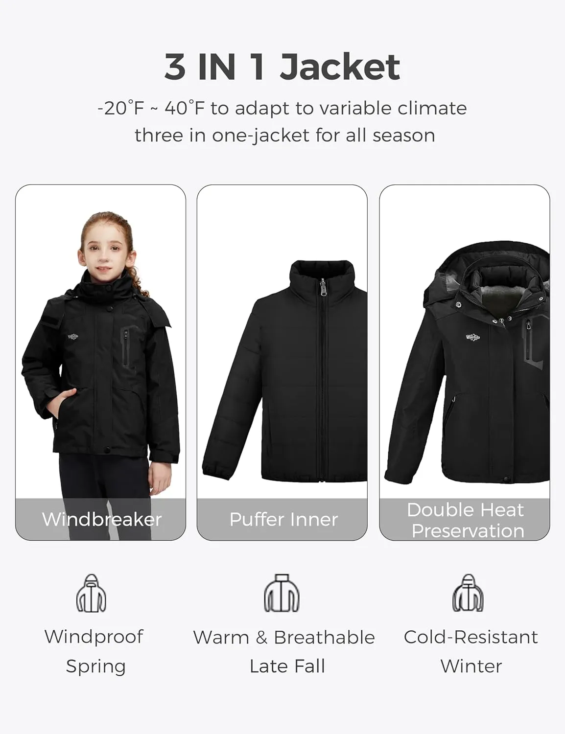 wantdo Girl's Ski Jacket Warm 3 in 1 Winter Coat Fleece Lined Snow Coat