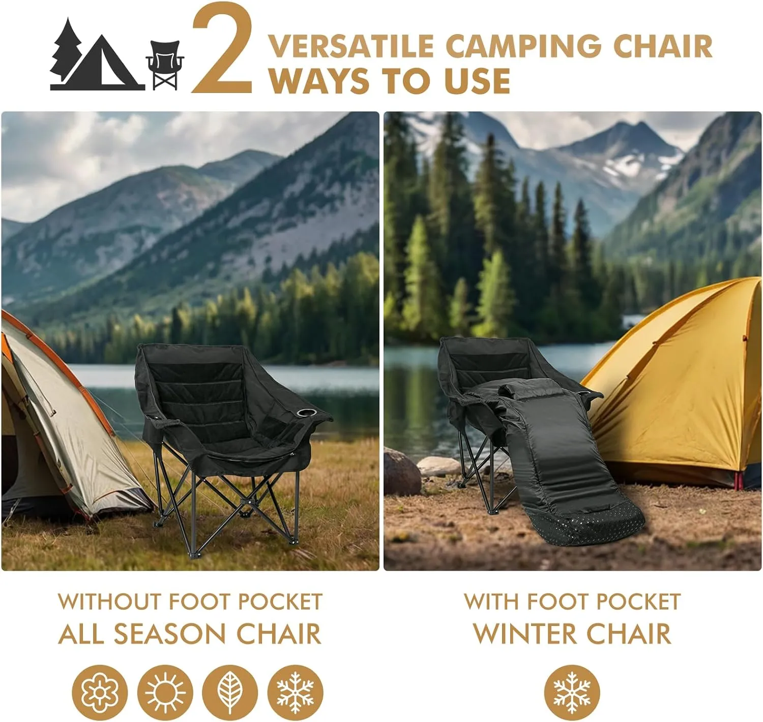 Warm-U-FEET Oversized Fully Padded Camping Chair with Foot Pocket, Insert Hand Warmer for A DIY Heated Chair, Heavy Duty Comfort Sports Chair, for Adults, Winter, Ice Fishing, Hunting, RV, 400 LBS