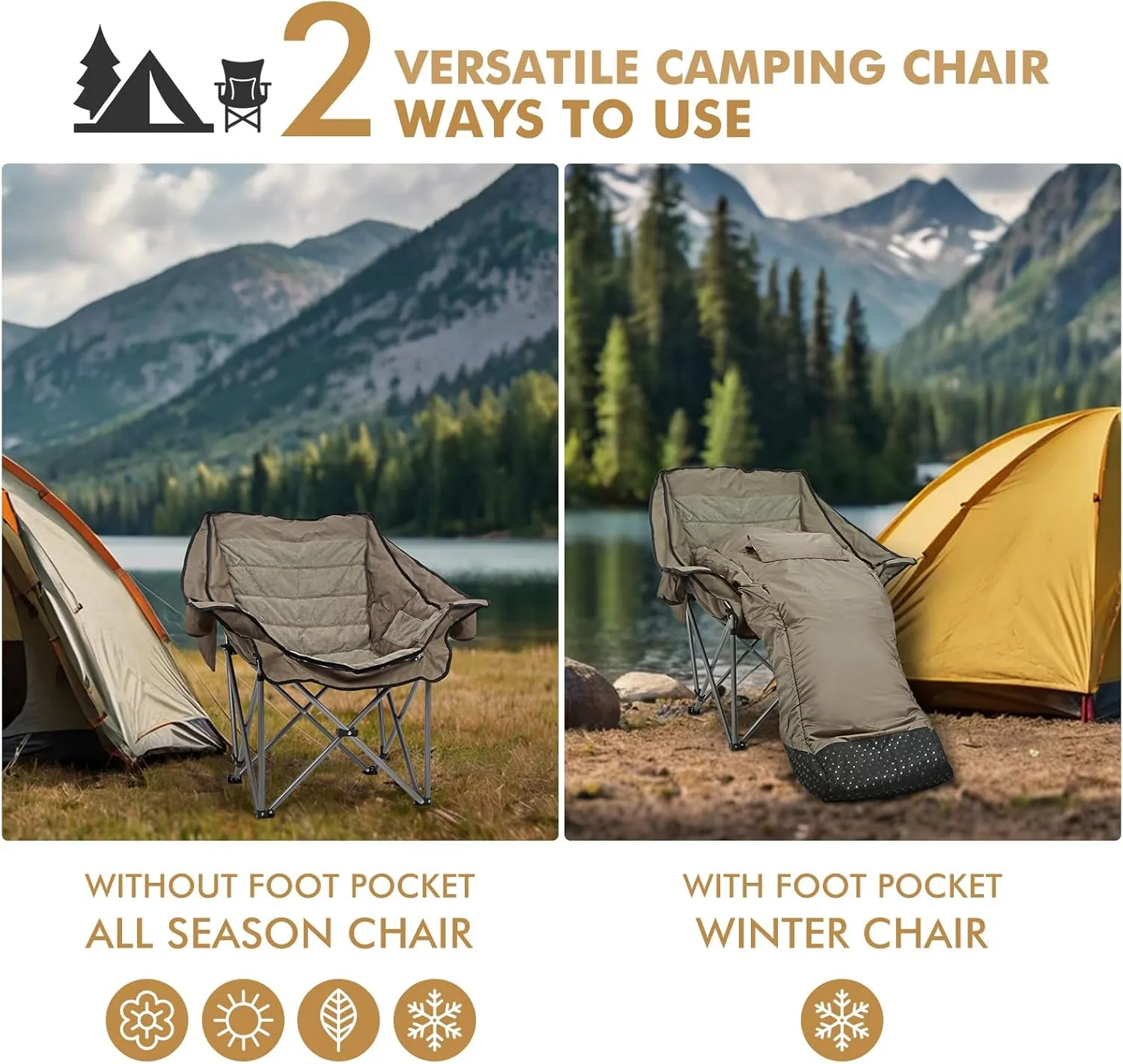 Warm-U-FEET Oversized Fully Padded Camping Chair with Foot Pocket, Insert Hand Warmer for A DIY Heated Chair, Heavy Duty Comfort Sports Chair, for Adults, Winter, Ice Fishing, Hunting, RV, 400 LBS