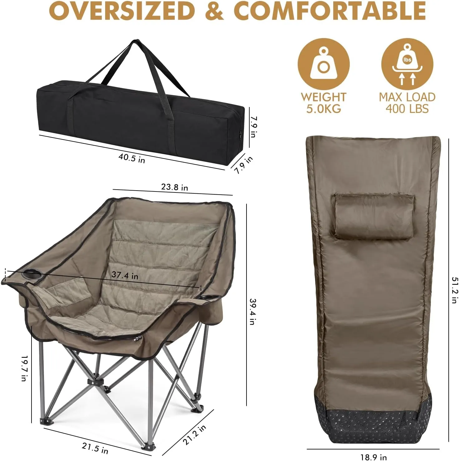 Warm-U-FEET Oversized Fully Padded Camping Chair with Foot Pocket, Insert Hand Warmer for A DIY Heated Chair, Heavy Duty Comfort Sports Chair, for Adults, Winter, Ice Fishing, Hunting, RV, 400 LBS