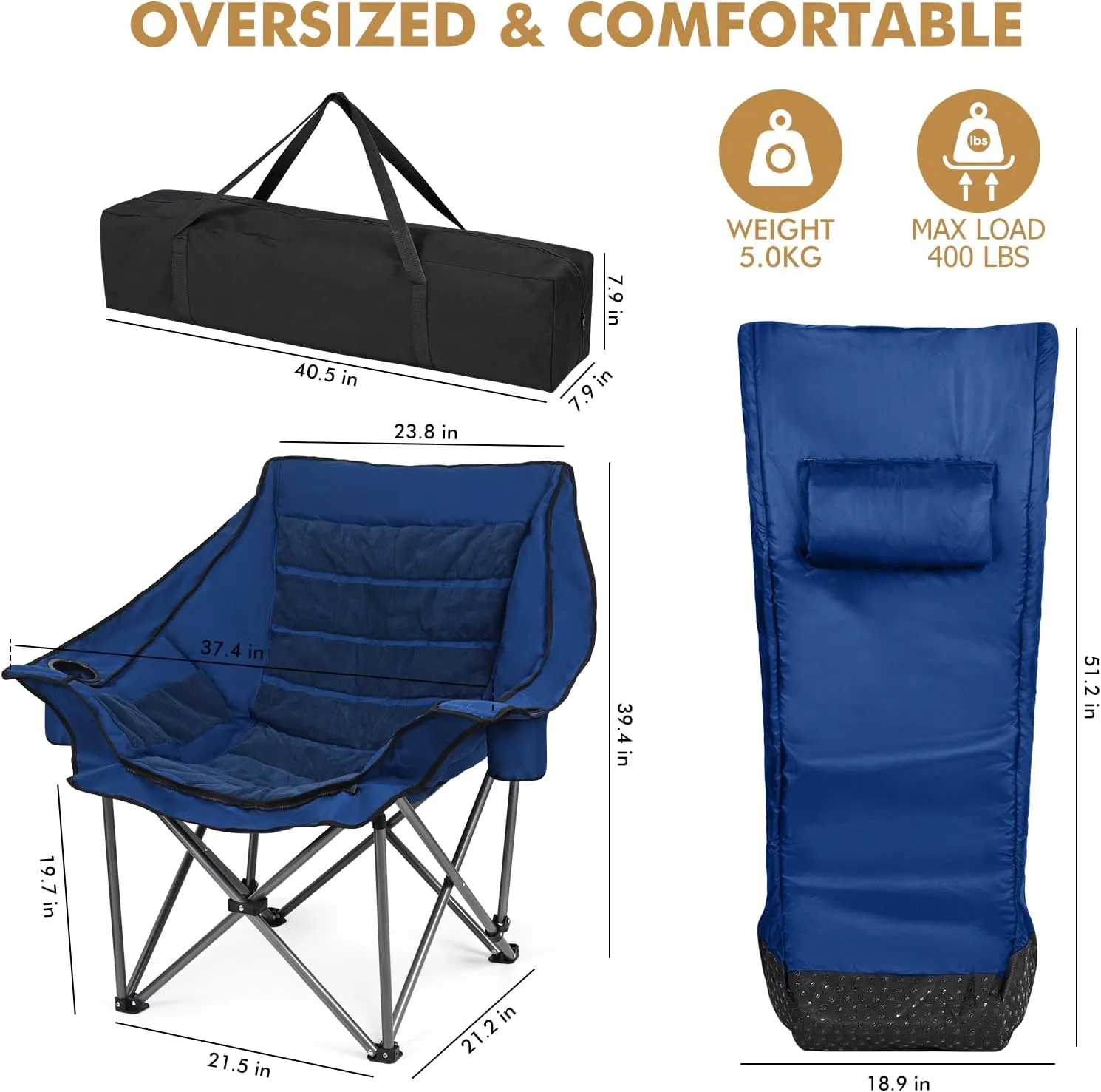 Warm-U-FEET Oversized Fully Padded Camping Chair with Foot Pocket, Insert Hand Warmer for A DIY Heated Chair, Heavy Duty Comfort Sports Chair, for Adults, Winter, Ice Fishing, Hunting, RV, 400 LBS