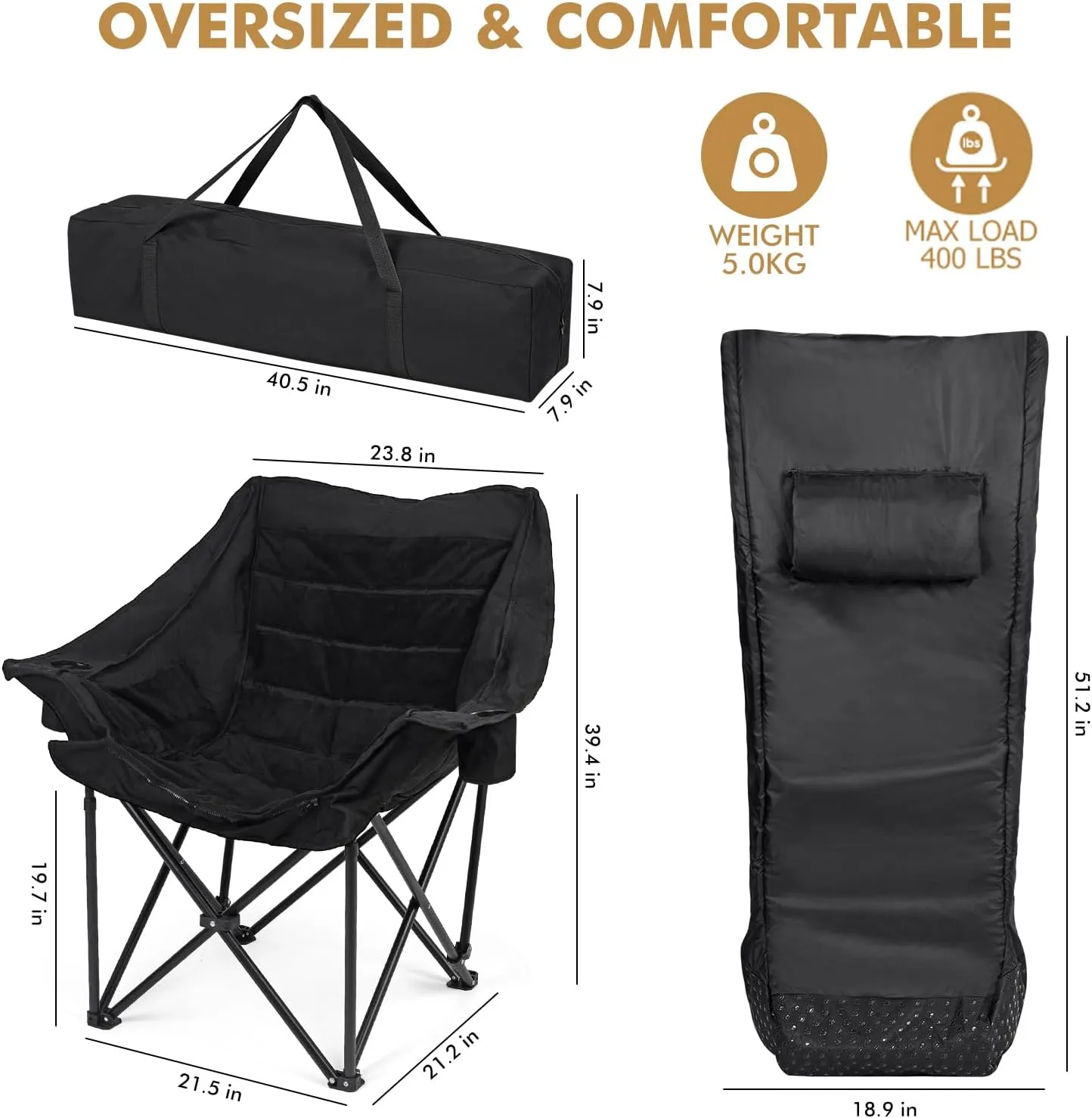 Warm-U-FEET Oversized Fully Padded Camping Chair with Foot Pocket, Insert Hand Warmer for A DIY Heated Chair, Heavy Duty Comfort Sports Chair, for Adults, Winter, Ice Fishing, Hunting, RV, 400 LBS