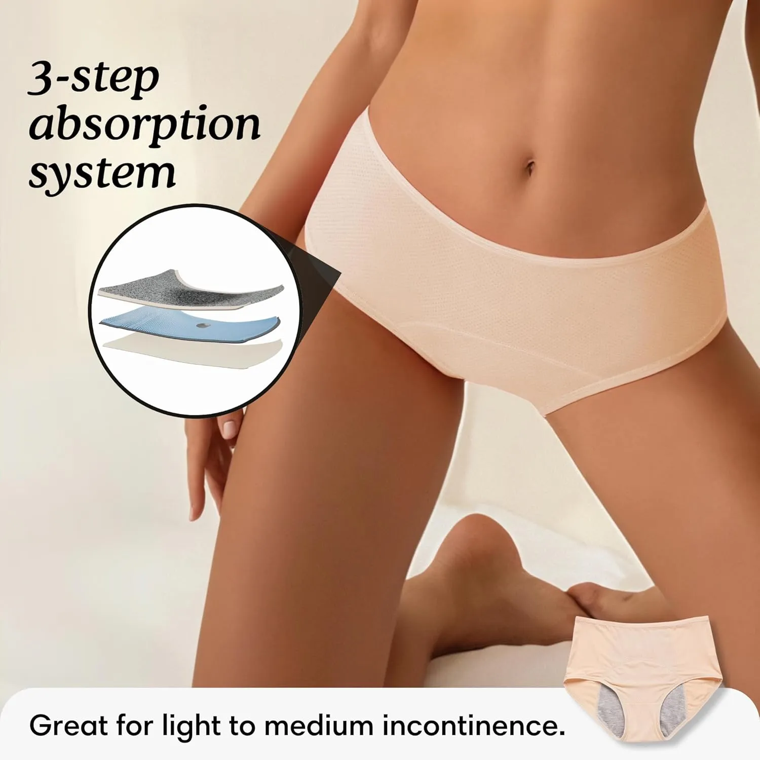 Washable & Reusable Incontinence Underwear for Women Over 60 - Leakproof, Discreet, Absorbent, Machine-Washable Panties (Original Beige, S, Pack of 5)
