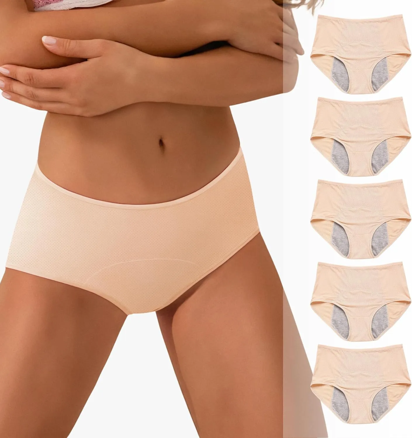 Washable & Reusable Incontinence Underwear for Women Over 60 - Leakproof, Discreet, Absorbent, Machine-Washable Panties (Original Beige, S, Pack of 5)