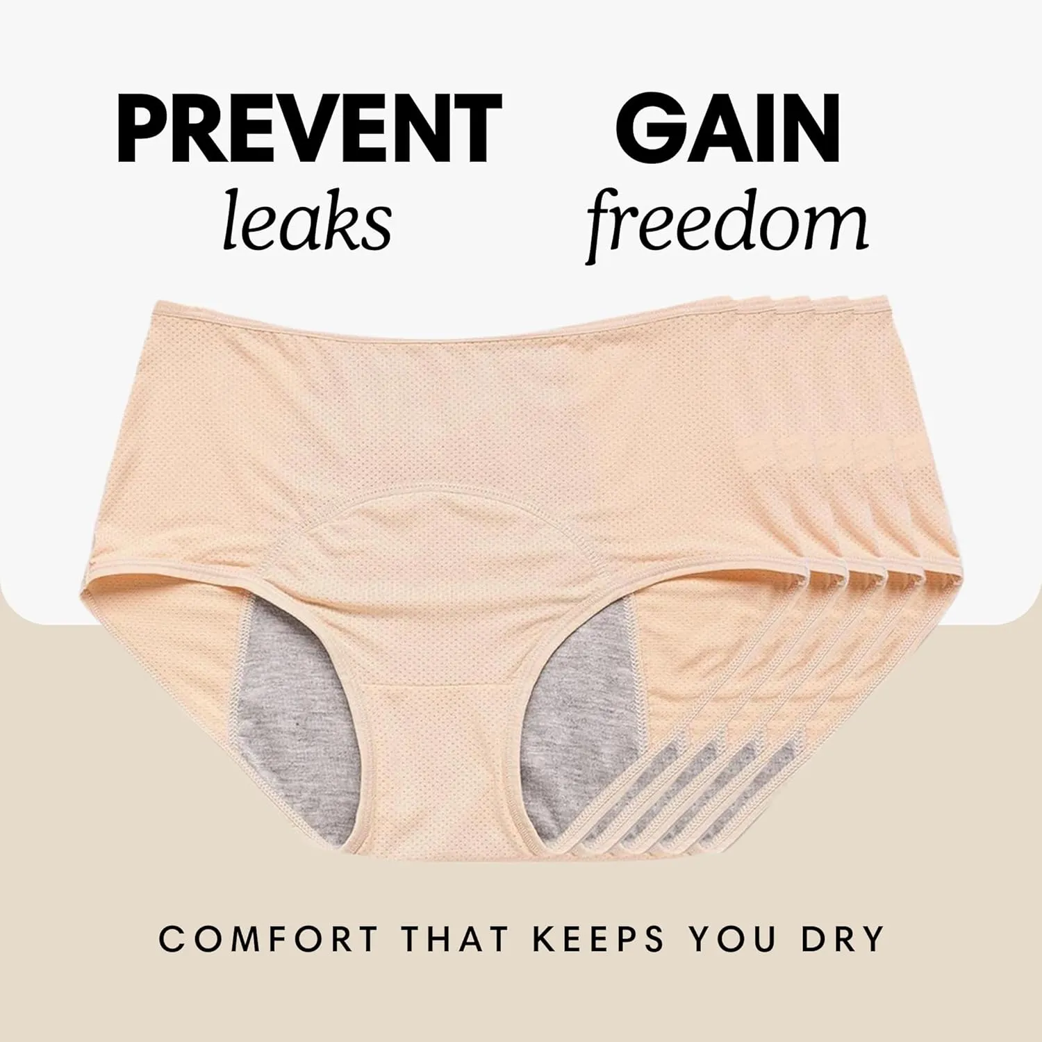 Washable & Reusable Incontinence Underwear for Women Over 60 - Leakproof, Discreet, Absorbent, Machine-Washable Panties (Original Beige, S, Pack of 5)