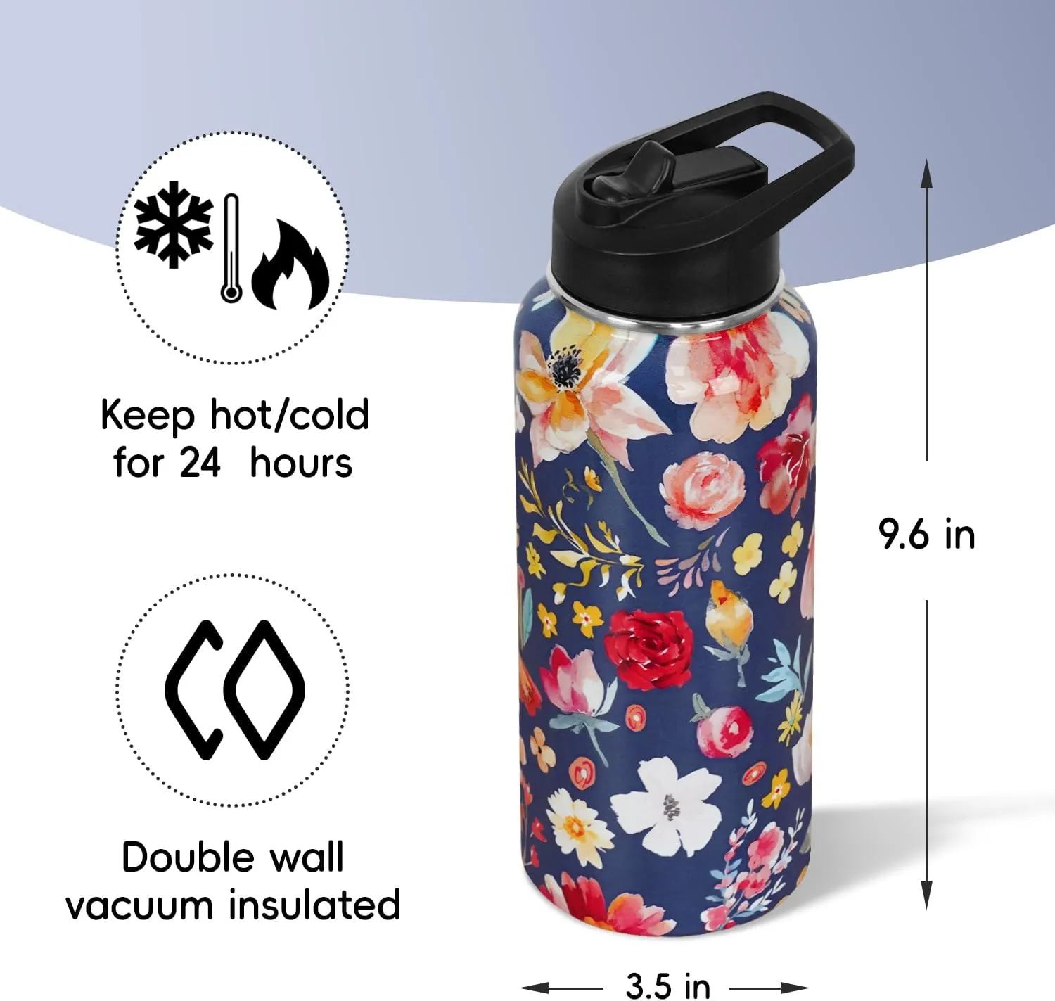 Water Bottle 32 oz Vacuum Insulated Leak Proof Stainless Steel Gym Water Jug Cup Gifts for Moms Dads Women Men Him Her Blue Flowers