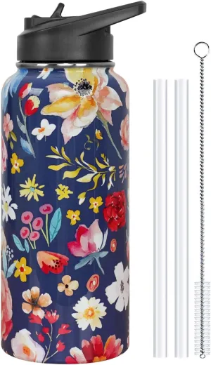 Water Bottle 32 oz Vacuum Insulated Leak Proof Stainless Steel Gym Water Jug Cup Gifts for Moms Dads Women Men Him Her Blue Flowers