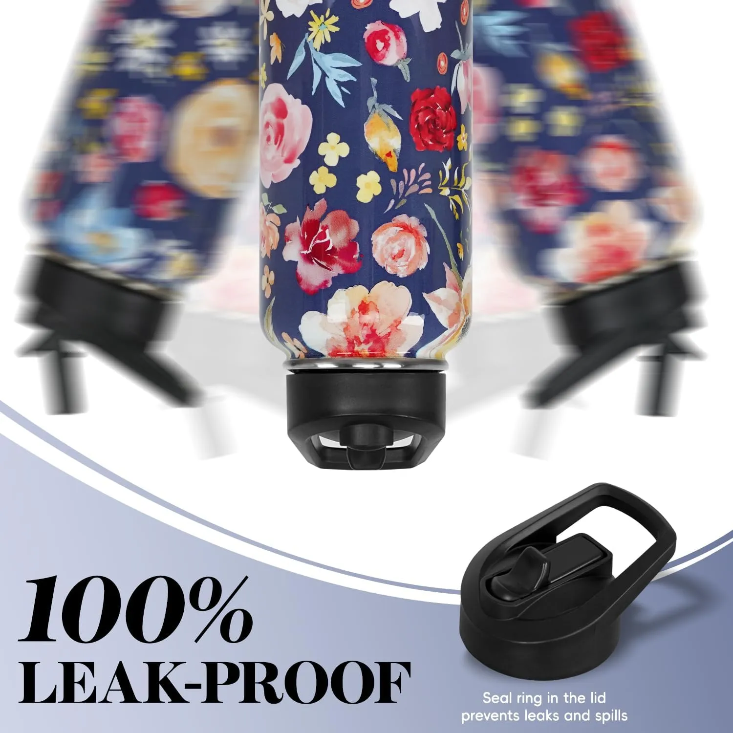 Water Bottle 32 oz Vacuum Insulated Leak Proof Stainless Steel Gym Water Jug Cup Gifts for Moms Dads Women Men Him Her Blue Flowers
