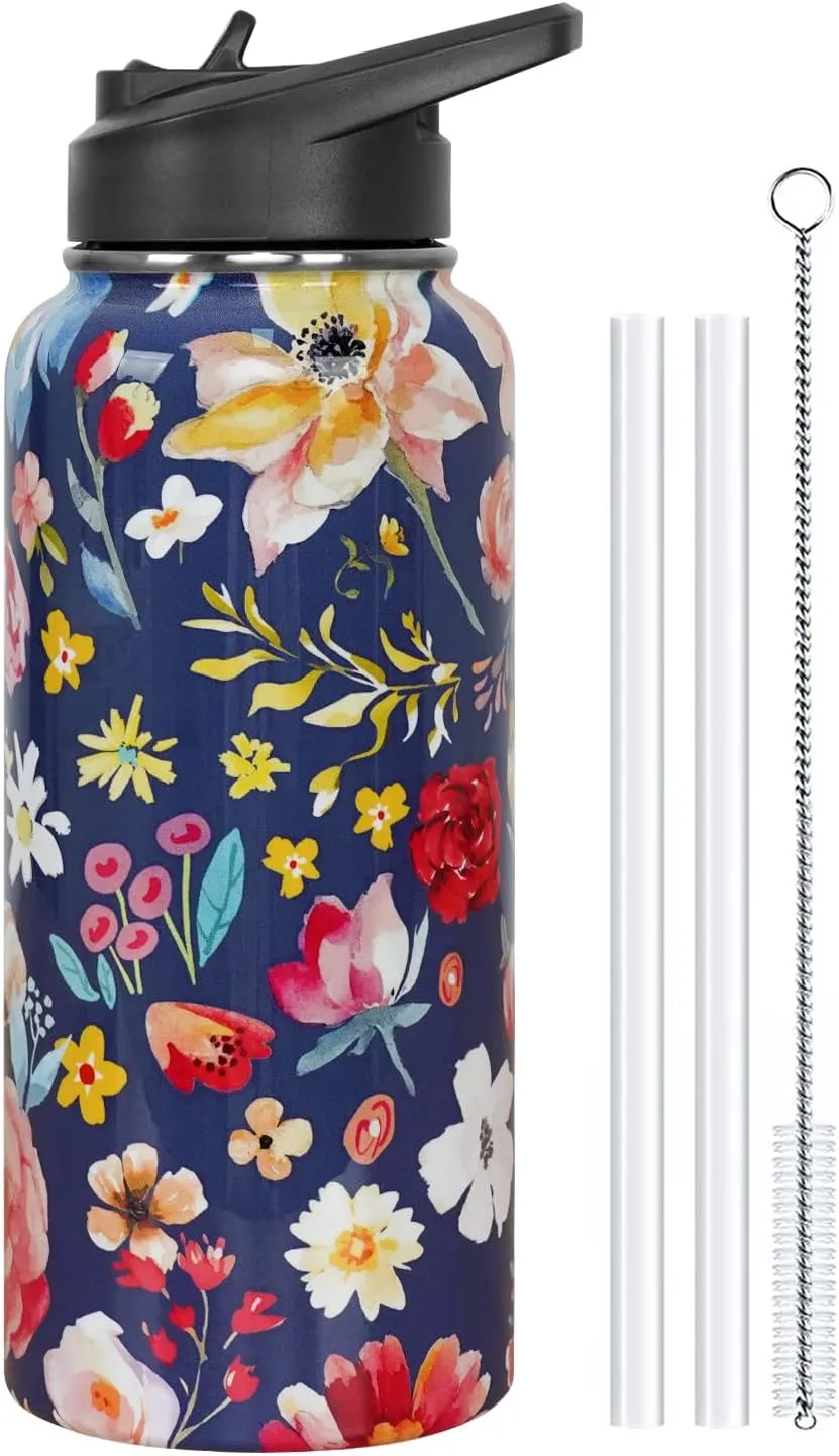 Water Bottle 32 oz Vacuum Insulated Leak Proof Stainless Steel Gym Water Jug Cup Gifts for Moms Dads Women Men Him Her Blue Flowers