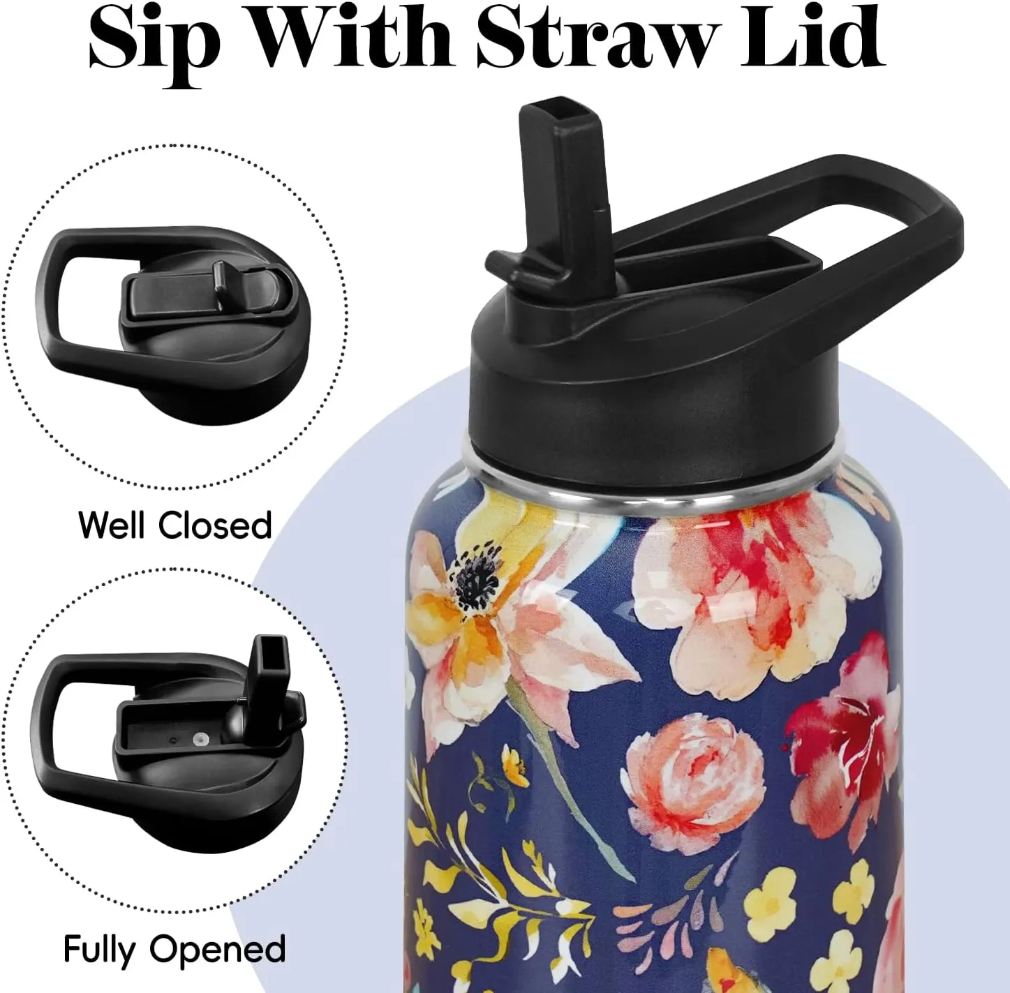 Water Bottle 32 oz Vacuum Insulated Leak Proof Stainless Steel Gym Water Jug Cup Gifts for Moms Dads Women Men Him Her Blue Flowers