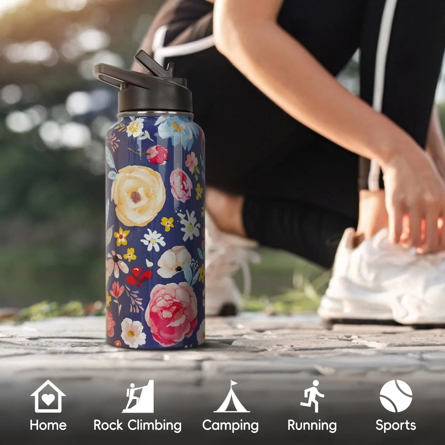 Water Bottle 32 oz Vacuum Insulated Leak Proof Stainless Steel Gym Water Jug Cup Gifts for Moms Dads Women Men Him Her Blue Flowers