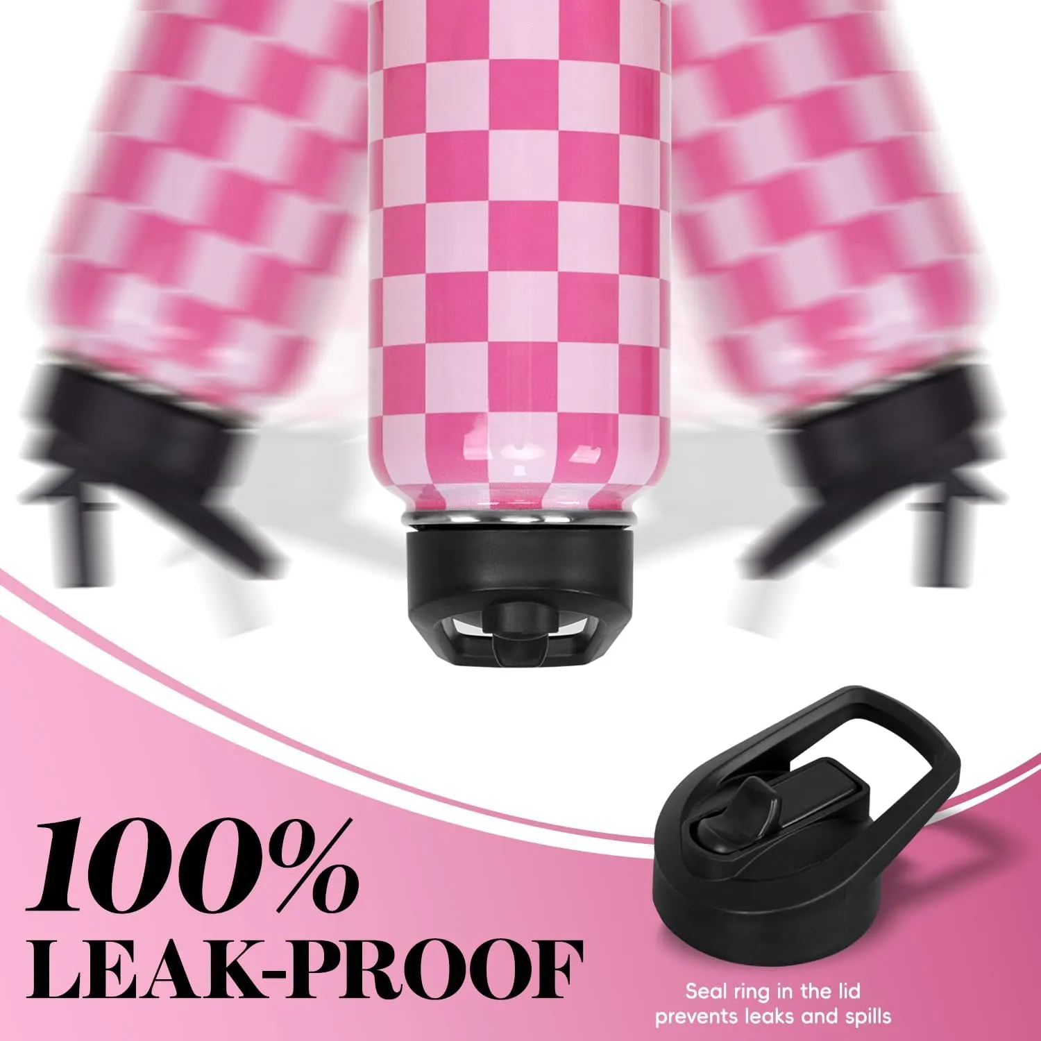 Water Bottle 32 oz Vacuum Insulated Leak Proof Stainless Steel Gym Water Jug Cup Gifts for Moms Dads Women Men Him Her Pink Checkered