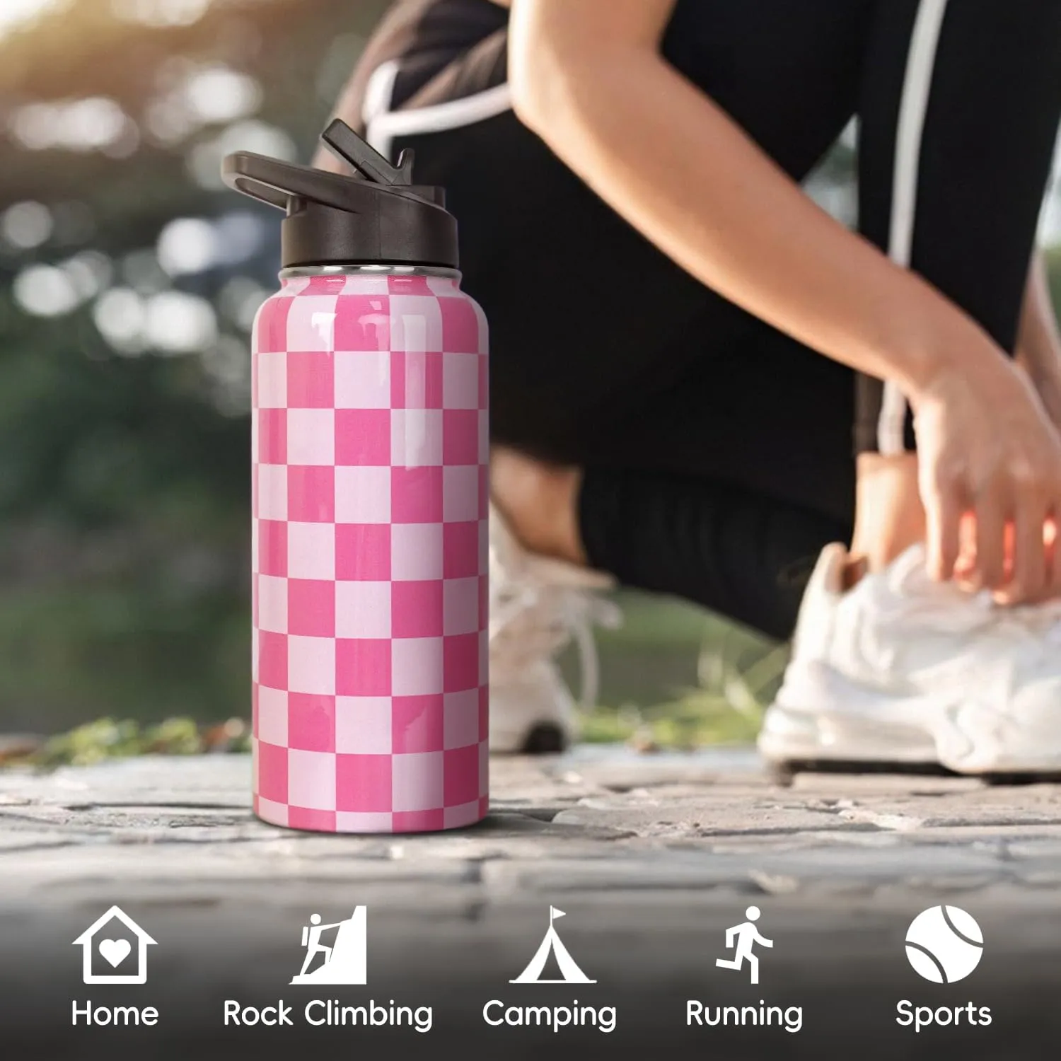 Water Bottle 32 oz Vacuum Insulated Leak Proof Stainless Steel Gym Water Jug Cup Gifts for Moms Dads Women Men Him Her Pink Checkered