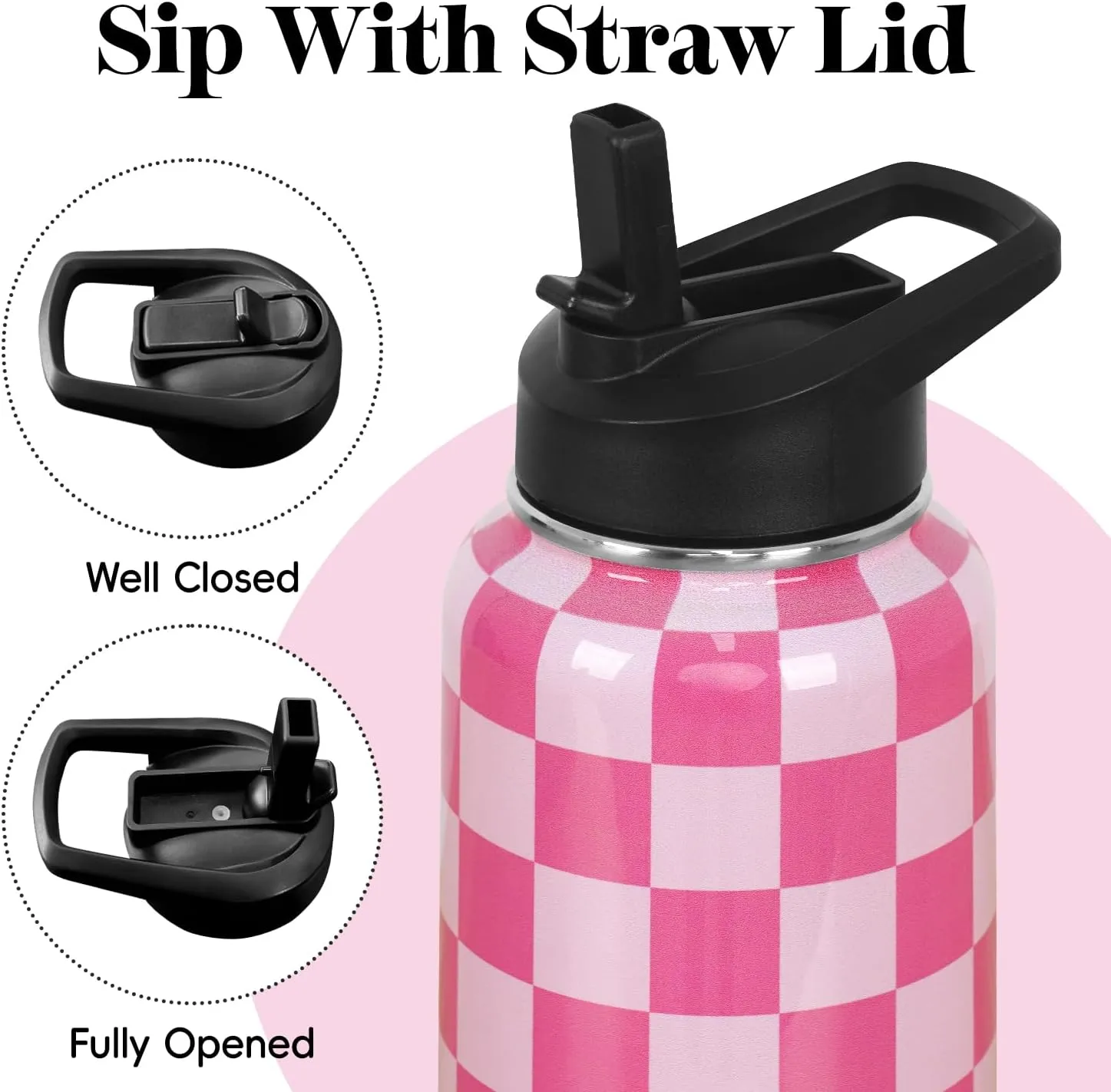 Water Bottle 32 oz Vacuum Insulated Leak Proof Stainless Steel Gym Water Jug Cup Gifts for Moms Dads Women Men Him Her Pink Checkered