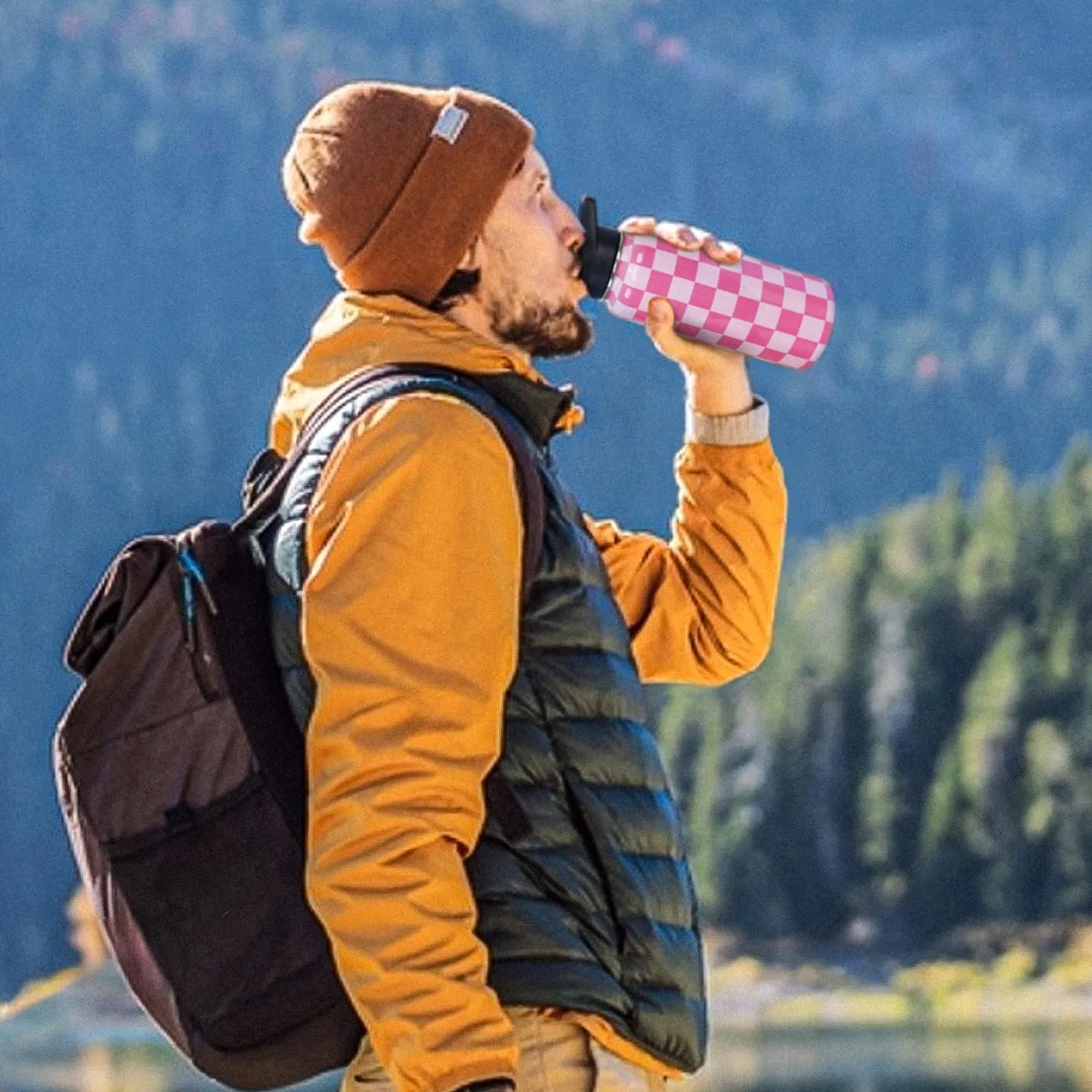 Water Bottle 32 oz Vacuum Insulated Leak Proof Stainless Steel Gym Water Jug Cup Gifts for Moms Dads Women Men Him Her Pink Checkered