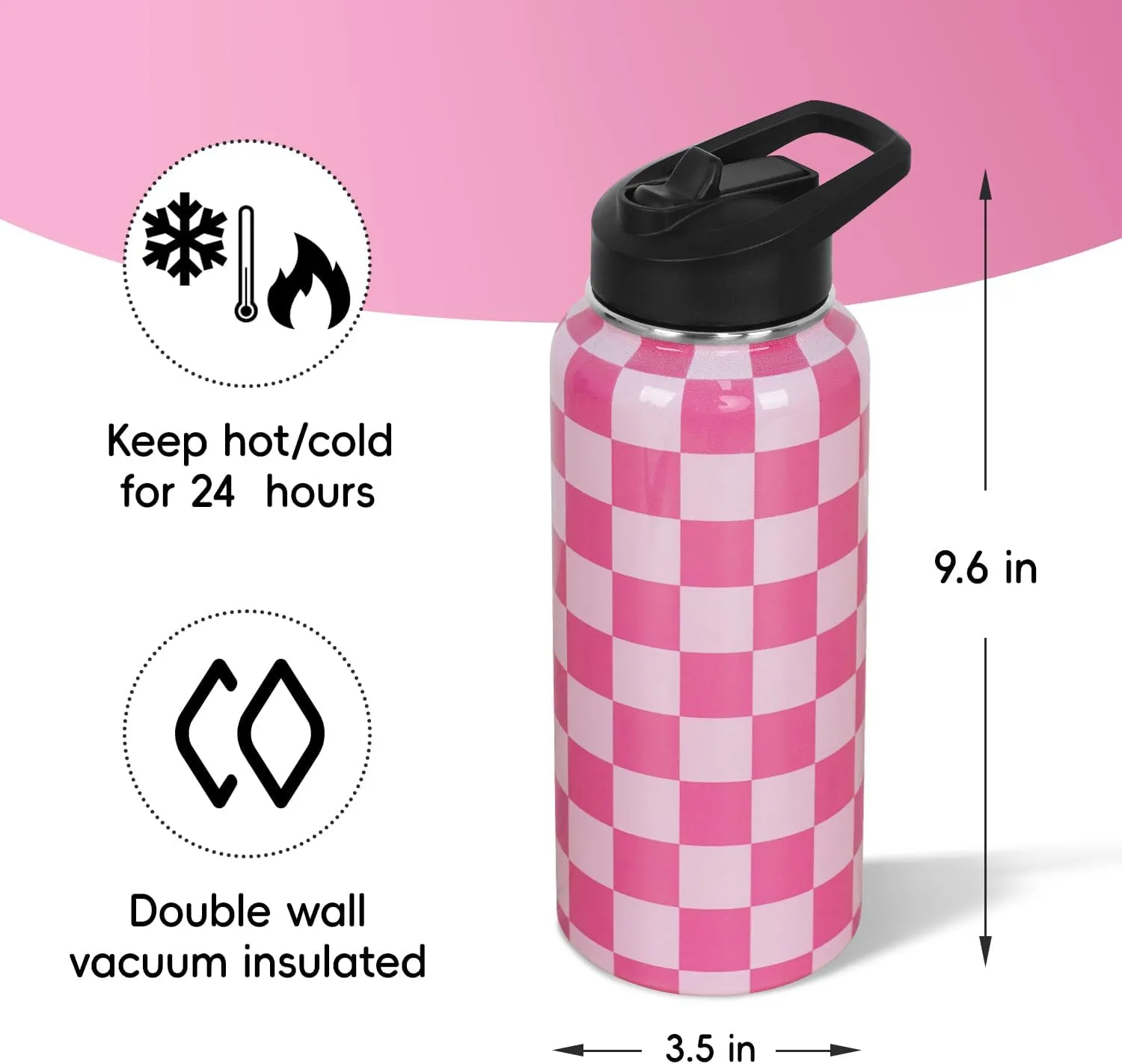 Water Bottle 32 oz Vacuum Insulated Leak Proof Stainless Steel Gym Water Jug Cup Gifts for Moms Dads Women Men Him Her Pink Checkered