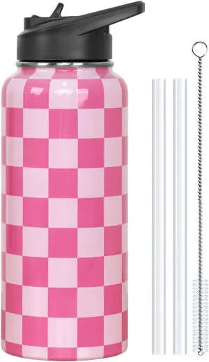 Water Bottle 32 oz Vacuum Insulated Leak Proof Stainless Steel Gym Water Jug Cup Gifts for Moms Dads Women Men Him Her Pink Checkered