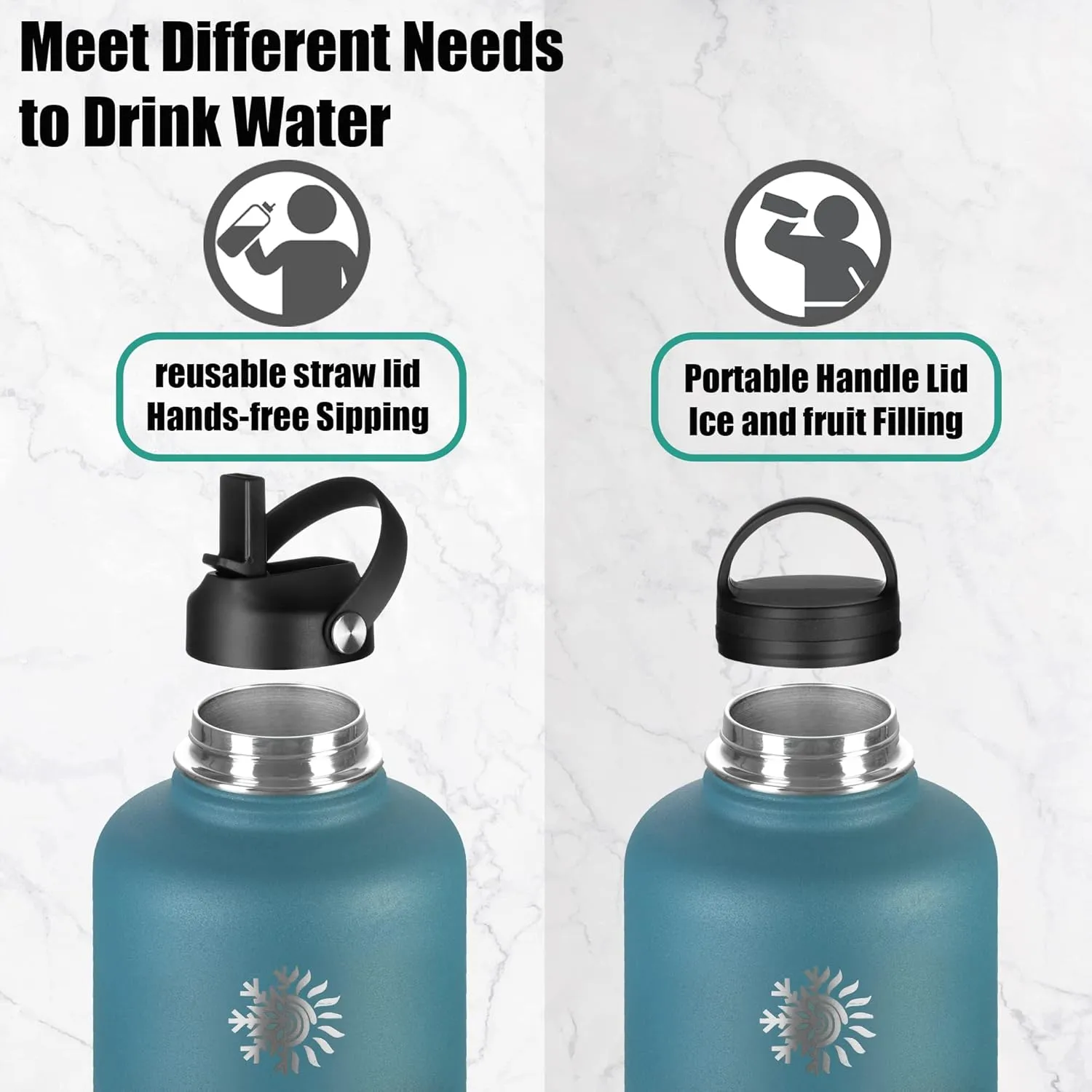 Water Bottle 64 oz with Paracord Handle & Cleaning Brush, 64 oz Double Wall Vacuum Metal Stainless Steel Insulated Water Flask Jug with 2 Lids and Carrying Pouch, Leakproof and BPA-Free, Black&Grey