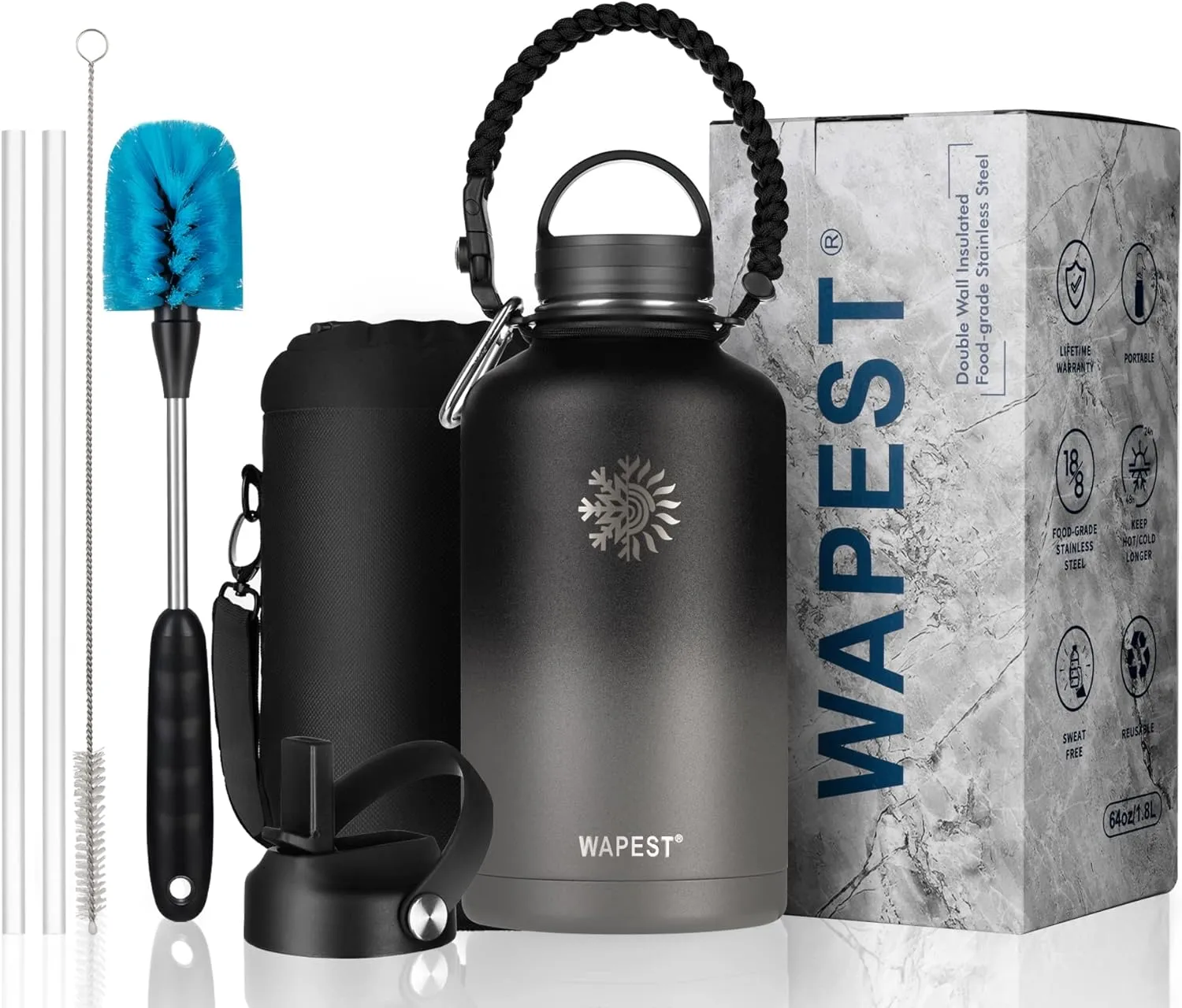 Water Bottle 64 oz with Paracord Handle & Cleaning Brush, 64 oz Double Wall Vacuum Metal Stainless Steel Insulated Water Flask Jug with 2 Lids and Carrying Pouch, Leakproof and BPA-Free, Black&Grey