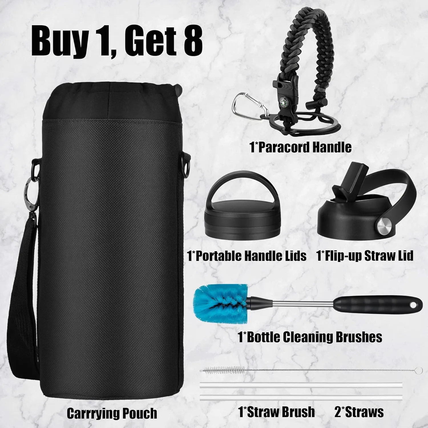 Water Bottle 64 oz with Paracord Handle & Cleaning Brush, 64 oz Double Wall Vacuum Metal Stainless Steel Insulated Water Flask Jug with 2 Lids and Carrying Pouch, Leakproof and BPA-Free, Black&Grey