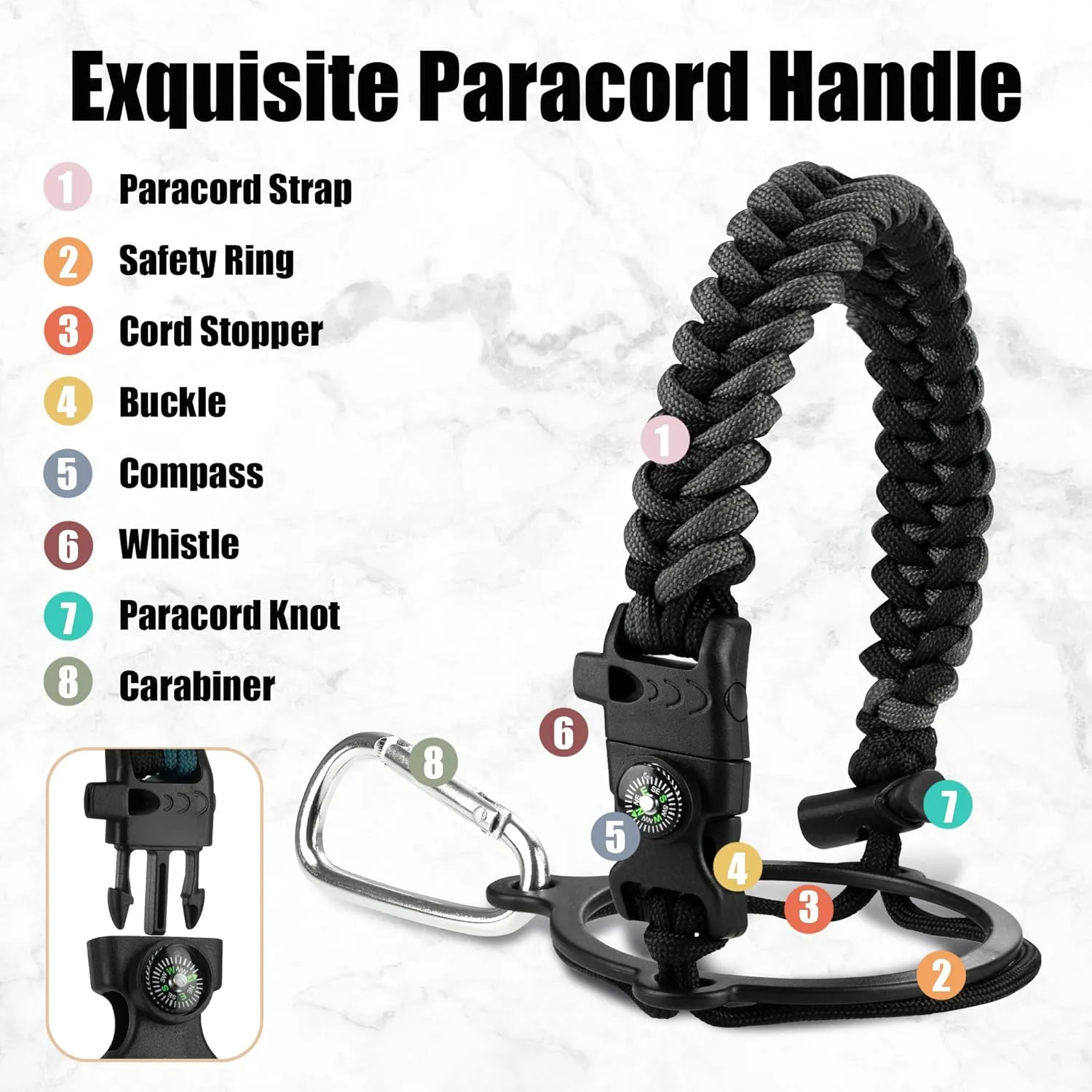 Water Bottle 64 oz with Paracord Handle & Cleaning Brush, 64 oz Double Wall Vacuum Metal Stainless Steel Insulated Water Flask Jug with 2 Lids and Carrying Pouch, Leakproof and BPA-Free, Black&Grey