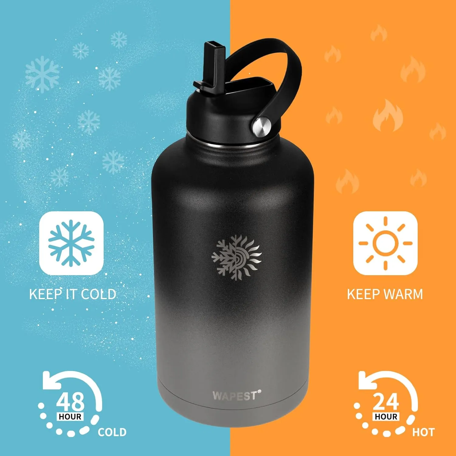 Water Bottle 64 oz with Paracord Handle & Cleaning Brush, 64 oz Double Wall Vacuum Metal Stainless Steel Insulated Water Flask Jug with 2 Lids and Carrying Pouch, Leakproof and BPA-Free, Black&Grey