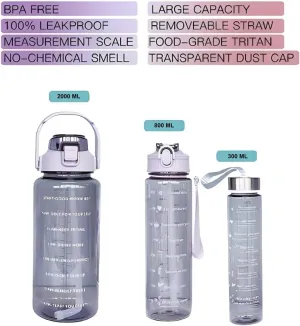 Water Bottle Set – Motivational Time Marker Plastic Bottles with Straw | Leakproof Hydration Bottles 300ml/800ml/2000ml, 3 Pcs Set (Transparent)