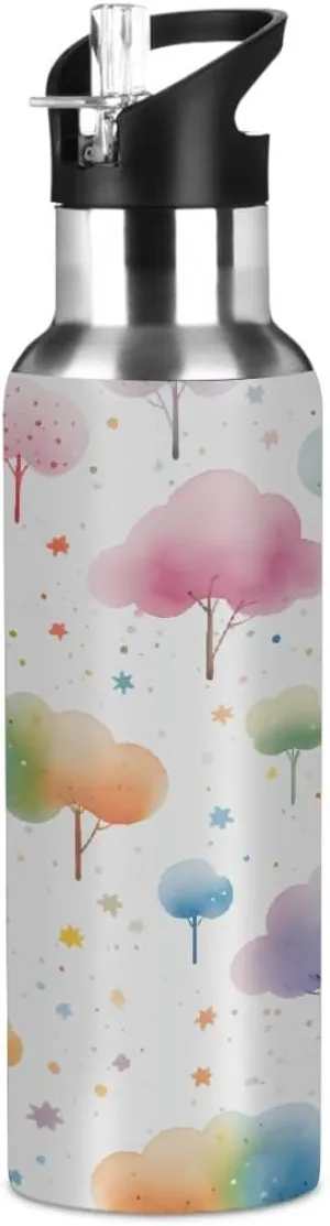 Water Bottle Stainless Steel, Cartoon Tree Insulated Sports Bottle with Straw, BPA Free Reusable Bottles for Fitness, Travel & Outdoor Activities